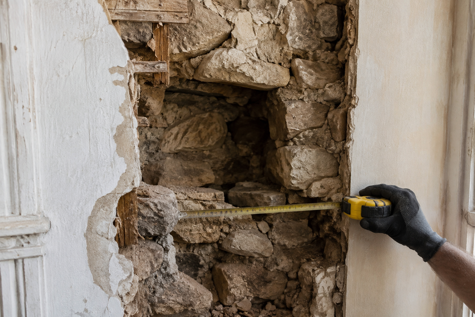 Mur ancien ouvert révélant une maçonnerie fragile