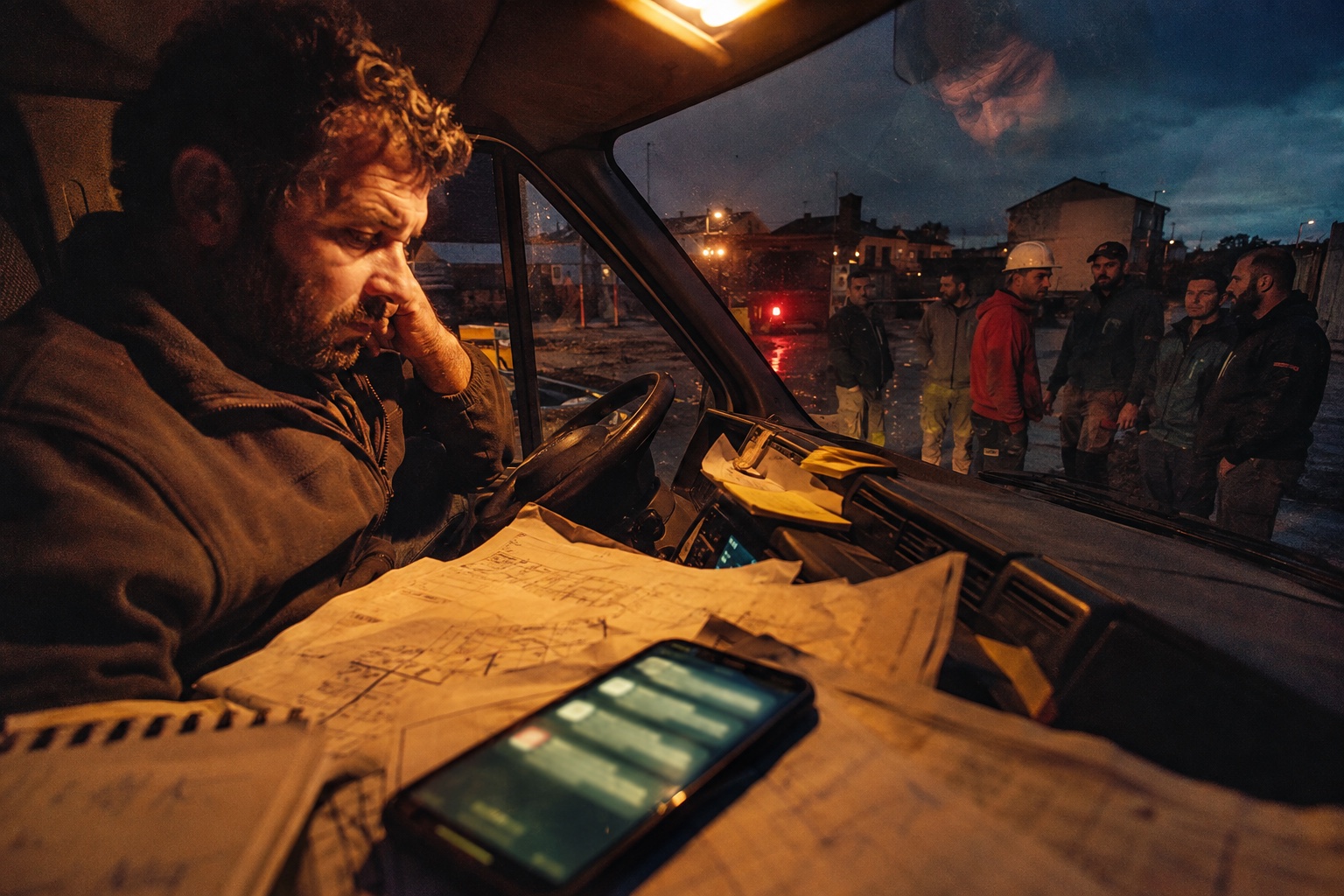 Illustration éditoriale d’un patron dans une camionnette avec son téléphone